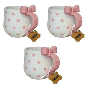 Lang White Ceramic Mug Pink Hearts Bow Handle Set of 3 Coffee Tea Cup‎